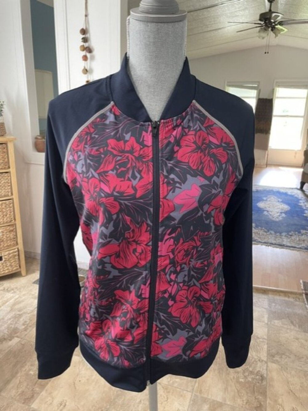 Joe Fresh Active Navy Floral Zip Jacket Size S